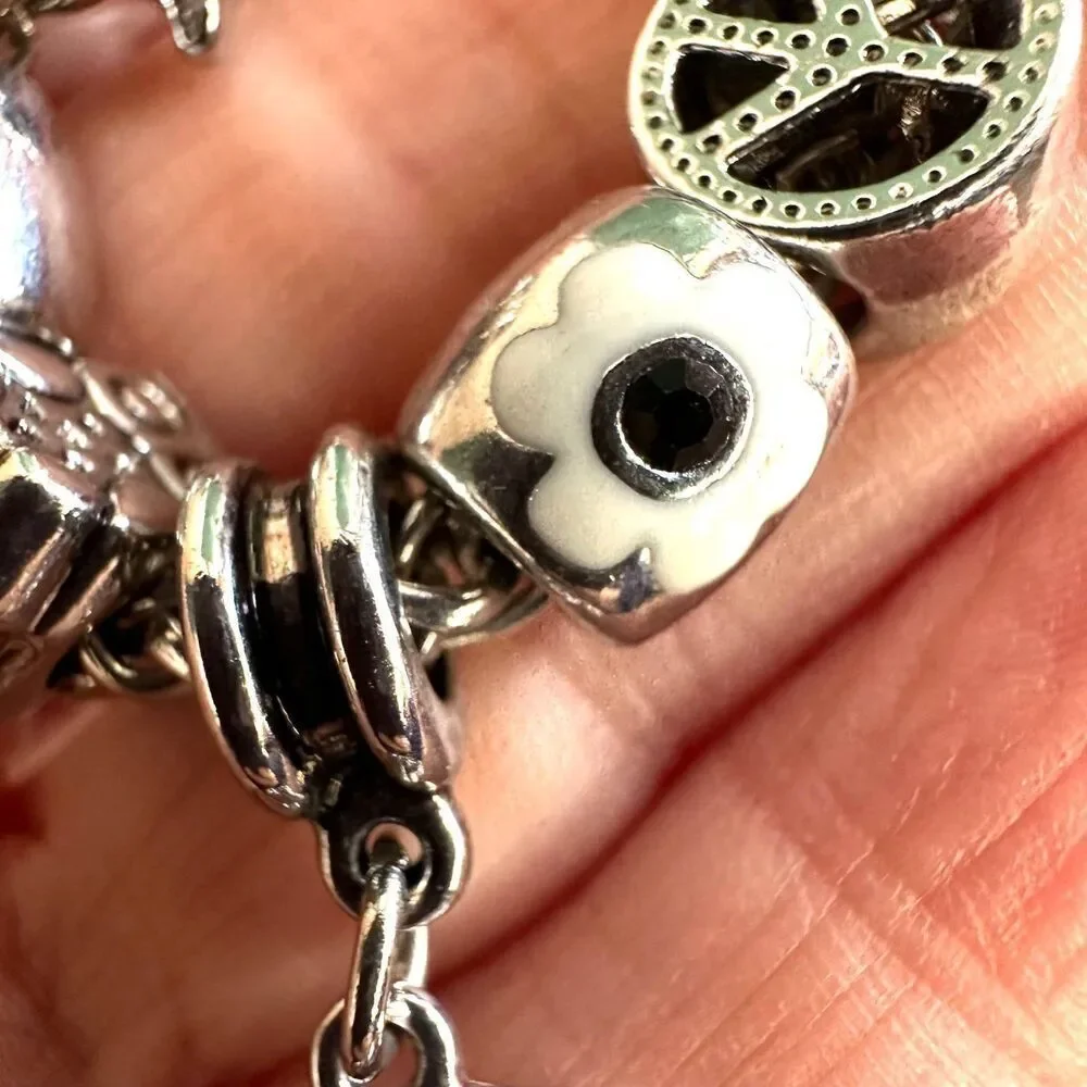 Silver tone bird flower peace owl charm bracelet